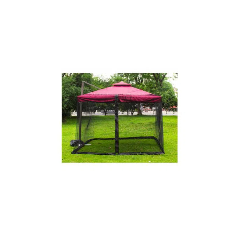 A Mosquito Net Outdoor Patio Umbrella Net Cover Roman Umbrella with a red canopy and black mesh walls is set up on a grassy area, ideal for outdoor relaxation. Trees can be seen in the background.