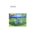 A blue pop-up Mosquito Net Outdoor Patio Umbrella Net Cover Roman Umbrella is set up on grass, with four white folding chairs inside surrounding a table with a potted plant. The caption black enhances the cozy outdoor allure of this mesh-net sanctuary for relaxation.