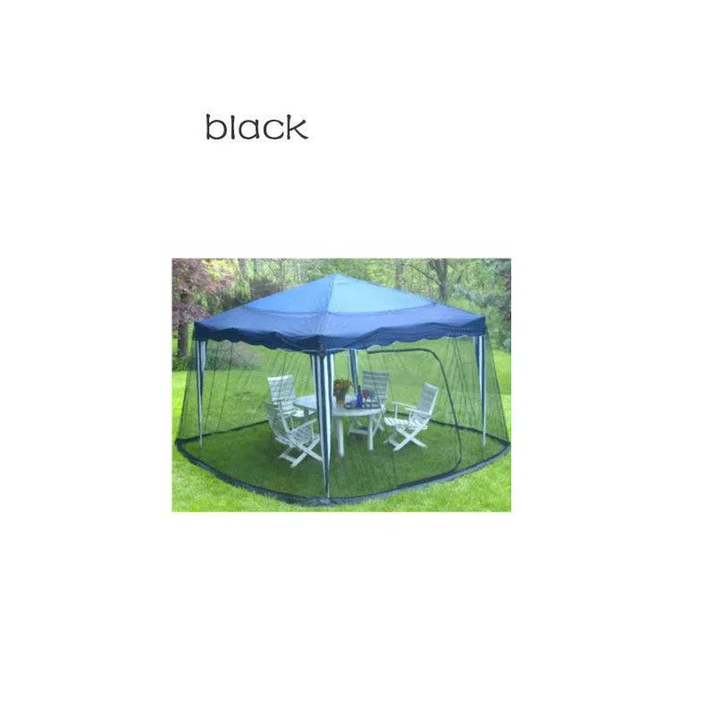 A blue pop-up Mosquito Net Outdoor Patio Umbrella Net Cover Roman Umbrella is set up on grass, with four white folding chairs inside surrounding a table with a potted plant. The caption black enhances the cozy outdoor allure of this mesh-net sanctuary for relaxation.