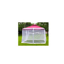 A Mosquito Net Outdoor Patio Umbrella Net Cover Roman Umbrella sits on a grassy lawn surrounded by trees, providing perfect outdoor relaxation under a clear sky.