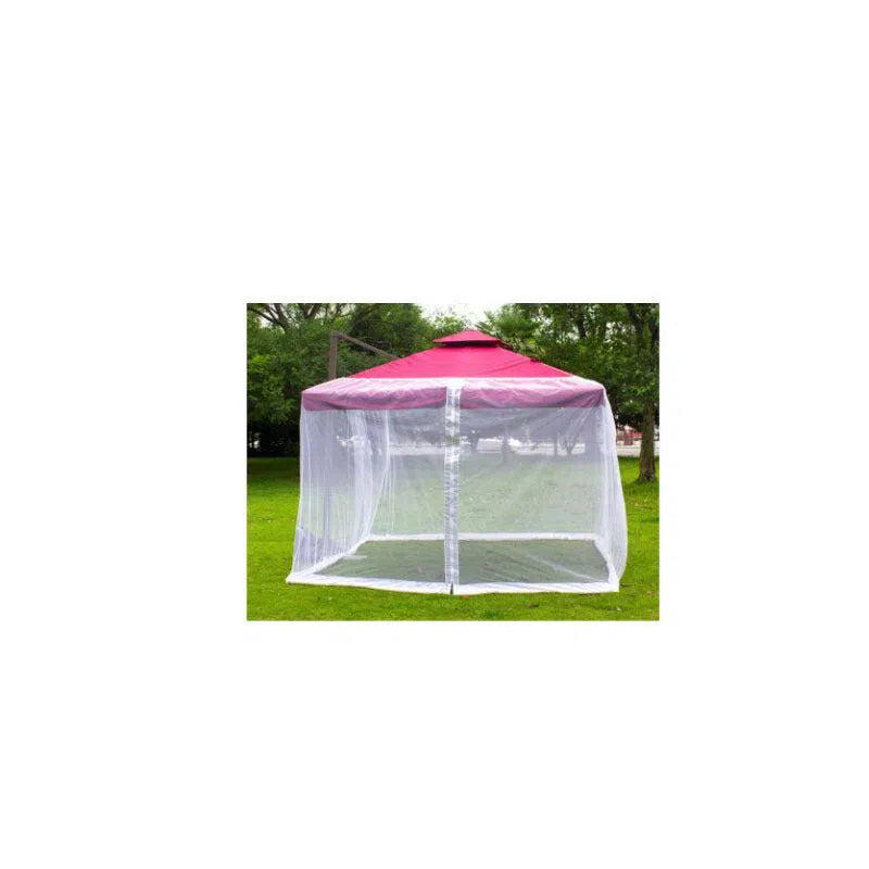 A Mosquito Net Outdoor Patio Umbrella Net Cover Roman Umbrella sits on a grassy lawn surrounded by trees, providing perfect outdoor relaxation under a clear sky.