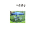 A blue Mosquito Net Outdoor Patio Umbrella Net Cover Roman Umbrella sits on green grass with mesh sides. Inside, a round table and four inviting white chairs offer relaxation. The word white tops the image, with serene trees in the background.
