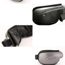 A collage of four images displays the New Eye Spa And Music Therapy mask, highlighting its gray high-tech design with an adjustable strap and power button. Close-ups show sleek graphene elements and a cushioned inner lining for comfort and functionality.