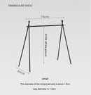 The Outdoor Camping Aluminum Alloy Large Foldable Portable Clothes Drying Rack For Camping Travel Triangle is a minimalist shelf stand with a sleek aluminum alloy design, measuring 74 cm wide, 67 cm tall, and 40 cm deep. It features a horizontal tube diameter of 1.5 cm and leg diameters of 1.2 cm.
