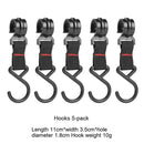 A set of five black hooks with red-stitched straps is ideal for camping. Text reads: Hooks 5-pack Length 11cm*width 3.5cm*hole diameter 1.8cm Hook weight 10g. Perfect as a portable clothes drying rack for the Outdoor Camping Aluminum Alloy Large Foldable Rack For Camping Travel Triangle!.