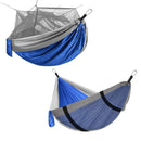 Two Outdoor Camping Hammocks, one with a mosquito net and the other open, made from durable blue and gray nylon. Both include sturdy ropes and clips for easy hanging, ideal for an outdoor adventure.