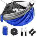The Outdoor Camping Hammock With Mosquito Net is made from durable nylon, available in blue and gray with a black mesh net, and includes a carrying bag, two carabiners, two black straps, and rope bundles.
