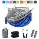 Meet the Outdoor Camping Hammock with Mosquito Net, crafted from durable blue and gray nylon. It includes a carrying bag, two straps, carabiners, and ropes. Available colors: green, pink, blue, orange, brown, gray, and black.