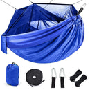 The Outdoor Camping Hammock With Mosquito Net displays durable blue nylon fabric and includes a matching storage bag, two carabiners, black straps, and ropes for easy setup.