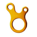 A gold aluminum figure-eight descender with three holes, ideal for climbing and rope activities, is shown against a white backdrop. Perfect for outdoor camping enthusiasts who want to upgrade their gear. Known as the Outdoor Camping Snail Wind Rope Buckle.