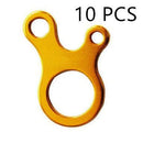 Image of a gold-colored aluminum alloy cord lock featuring two small holes on top and a larger hole at the bottom. 10 PCS in black text at the top right indicates a set of ten Outdoor Camping Snail Wind Rope Buckles, ideal for camping adventures.