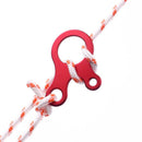 The Outdoor Camping Snail Wind Rope Buckle is a red aluminum alloy adjuster with two holes, perfect for securing a white and orange patterned cord. Thread the cord through the adjuster to hold it securely, making it ideal for camping.