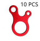 Red aluminum alloy figure-eight descender with smaller loops on top, resembling a cartoon characters head. Perfect for outdoor camping enthusiasts. 10 PCS is in black at the top right. Product Name: Outdoor camping snail wind rope buckle.