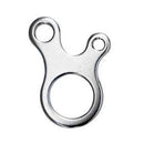 The Outdoor camping snail wind rope buckle is a shiny silver aluminum alloy object resembling a face with large ears. It features three circular holes: one large at the bottom center like a mouth, and two smaller ones at the top like eyes—perfect for camping use.