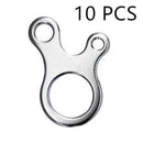 Image of a shiny, metallic aluminum alloy keyhole-shaped accessory with three holes in a figure-eight pattern. 10 PCS is written in black text at the top right corner. This Outdoor Camping Snail Wind Rope Buckle is perfect for outdoor camping as a durable rope buckle solution.