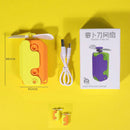 A compact USB fan labeled Radish Knife Mini-portable Handheld Fan features a yellow and orange casing, two white blades, and comes with a USB cable. Its displayed beside its packaging on a bright yellow background, with dimensions noted in annotations.