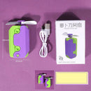 On a purple background, a compact Radish Knife Mini-portable Handheld Fan in purple and green is shown next to its packaging, featuring an image and text. It comes with a USB charging cable. Dimensions: 80mm x 45mm.