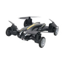 The Rolling Light Camera Aircraft Childrens Toy is a sleek, black and gold hybrid between a quadcopter and car, featuring four propellers and wheels. It includes a front camera, perfect for young toy enthusiasts looking for interactive flying and rolling fun.