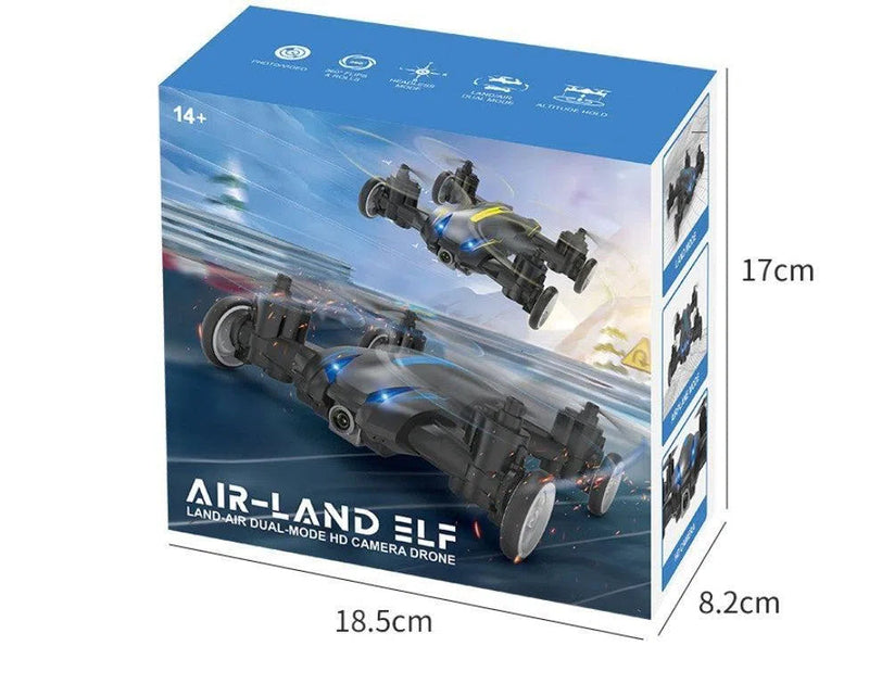 The Rolling Light Camera Aircraft Childrens Toys box features images of the Air-Land Elf drone in flying and driving modes. Measuring 18.5 cm wide, 17 cm tall, and 8.2 cm deep, its ideal for interactive play and suitable for ages 14+.