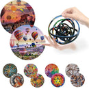 The image showcases various circular puzzles with bright designs, like hot air balloons and abstract patterns. A hand displays the Rotating Puzzle Decompression 3D Educational Toy, a spherical, rainbow-colored puzzle that enhances fine motor skills, alongside other educational toys.