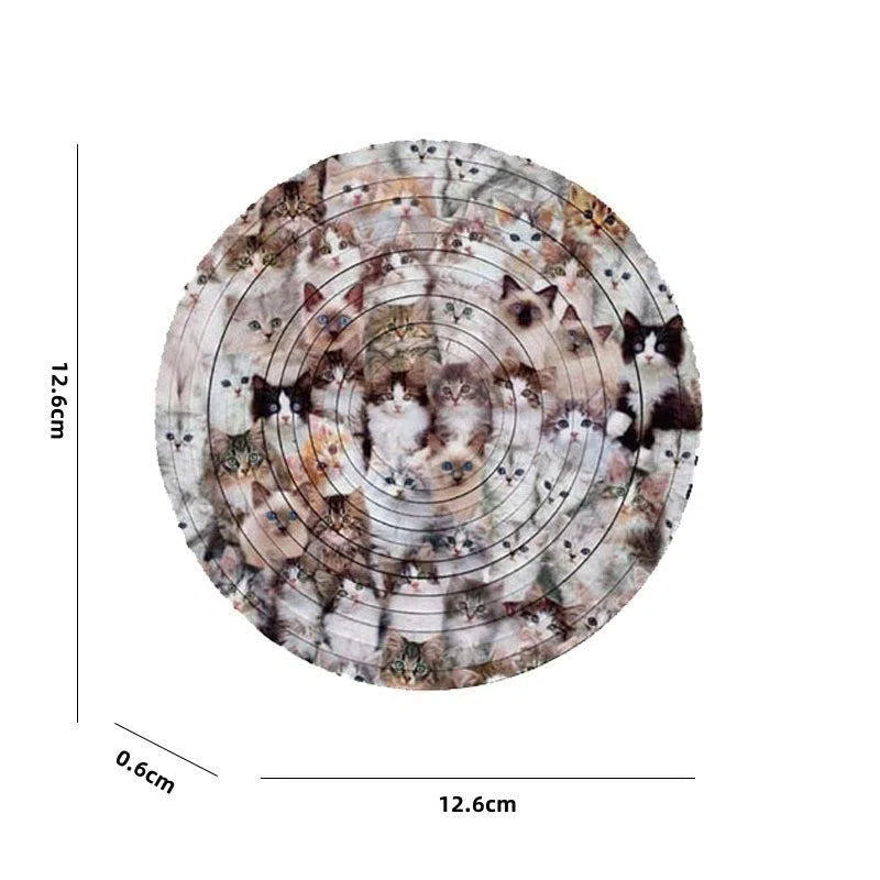 The Rotating Puzzle Decompression 3D Educational Toy features a 12.6 cm diameter, 0.6 cm thick circular design with layered, concentric cat faces in various colors and patterns to engage and enhance fine motor skills.