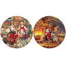 Two circular illustrations showcase merry scenes with Santa. On the left, Santa is busy in a workshop filled with Rotating Puzzle Decompression 3D Educational Toys and elves enhancing fine motor skills. On the right, he relaxes by a fireplace, surrounded by toys and Christmas decorations while enjoying cookies.