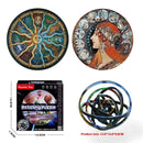 Three circular puzzles feature intricate designs: abstract pattern, classical portrait, and 3D spherical with interconnected rings. Ideal for enhancing motor skills, the packaging includes Rotating Puzzle Decompression 3D Educational Toys in the bottom left.
