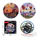 The Rotating Puzzle Decompression 3D Educational Toys feature three circular puzzles displaying vibrant hot air balloons over scenic landscapes. The packaging includes both scrambled and assembled versions, highlighting dimensions. Perfect for ages 3 and up, they enhance fine motor skills.