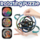 A hand grasps the Rotating Puzzle Decompression 3D Educational Toy featuring interlocking colorful rings. On the left, three styles are displayed: abstract, mosaic, and intricate illustrations. Ideal for boosting fine motor skills, its more than just a toy.