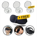 The Silicone Magnetic Anti Snore Device includes three +FREE nose clips in clear cases. Three circular images show people wearing the accompanying black sleep mask, which is displayed separately with straps, serving as an effective sleep aid.