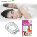A woman sleeps peacefully in the background. In the foreground, a Silicone Magnetic Anti Snore Stop Snoring Nose Clip Sleep Tray Sleeping Aid Apnea Guard Night Device is seen with packaging labeled KlasVsa Noseclip, featuring No more sleepless nights! and images of a man and woman.