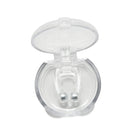 A transparent case holds the Silicone Magnetic Anti Snore Stop Snoring Nose Clip, a nose-designed Sleep Aid. The white u-shaped clip with metal ends is displayed on a white background, promoting peaceful nights.