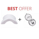 A white ergonomic pillow appears on the left. On the right, a transparent case holds small earbuds. BEST OFFER is written above in red letters, featuring the Silicone Magnetic Anti Snore Device and Nose Clip as part of the ultimate Sleep Aid solution.