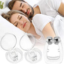 A couple sleeps peacefully in bed, each using a Silicone Magnetic Anti Snore Stop Snoring Nose Clip Sleep Tray Sleeping Aid. In front of them are close-up images of the devices small magnets neatly presented in clear cases.