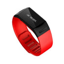 The Smart Bracelet Bluetooth Smartband Sport Wristband Pedometer, with a red adjustable band, features a black screen displaying text. Its screen shows numbers and Job, helping you stay on track with every step.