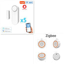 An image displays a set of five white Smart Home Door And Window Sensing Alarms, compatible with Tuya, Alexa, and Google Assistant. A smartphone with the smart home alarm app is shown alongside close-ups of a round Zigbee device for door and window sensing from multiple angles.