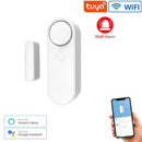 The Smart Home Door and Window Sensing Alarm offers home security with door/window sensors, a main unit, Wi-Fi connectivity via Tuya, and a 90dB alarm. Its compatible with Amazon Alexa and Google Assistant. The image shows seamless smartphone control.