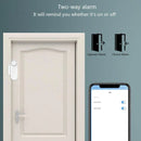 The Smart Home Door And Window Sensing Alarm enhances security with door and window sensing. It includes diagrams for open/closed alarms and a smartphone interface for customizable settings and activation toggles.