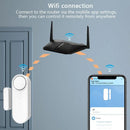 Illustration showing the Smart Home Door And Window Sensing Alarm beside a door, a router emitting signals, and a smartphone displaying an app screen. Text reads: WiFi connection. Use the mobile app to connect to the router and control your security remotely from anywhere.