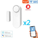 The Smart Home Door And Window Sensing Alarm includes two white sensors for doors and windows, a smartphone app interface, and logos for Tuya, WiFi, Amazon Alexa, and Google Assistant. A red icon emphasizes the 90dB alarm feature.