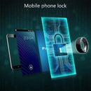 Digital illustration of a futuristic mobile phone lock concept showcasing layered smartphone screens, a digital padlock symbol, and the Smart Ring Wearable Device Multifunctional Black High-tech. A binary code background features Mobile phone lock at the top.