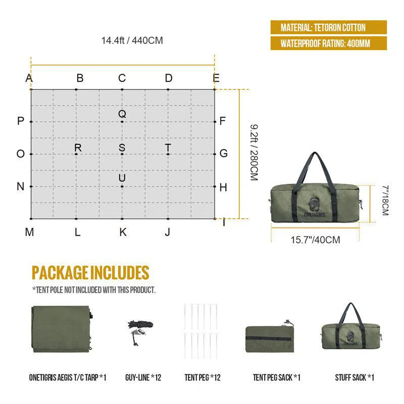 The Sunscreen and Rainproof Camping Barbecue Leisure Awning measures 14.4ft x 9.2ft, made from Tetoron cotton with a 400mm waterproof rating. It features sections A-V, includes a tarp, guy-lines, tent pegs, a peg sack, and stuff sack but excludes the tent pole; ideal as an outdoor shelter.
