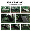 The Sunscreen and Rainproof Camping Barbecue Leisure Awning is displayed in a collage, highlighting various configurations in a wooded area. With 37 tie-out points, it demonstrates its versatility as an outdoor shelter for multiple setup options.
