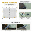 Diagram showing Sunscreen And Rainproof Camping Barbecue Leisure Awning setup with 37 tie-out points. Features detailed views of center, side, and main tie-out positions for outdoor shelter. Images highlight tarp textures and close-ups of rainproof camping materials.