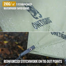 Close-up of a khaki Sunscreen And Rainproof Camping Barbecue Leisure Awning, ideal for outdoor shelter with waterproof-taped seams and droplets on the surface, featuring reinforced stitching at tie-out points. Text reads: 210G/m² T/C Fabric with Waterproof-Taped Seams and Reinforced Stitchwork on Tie-Out Points.