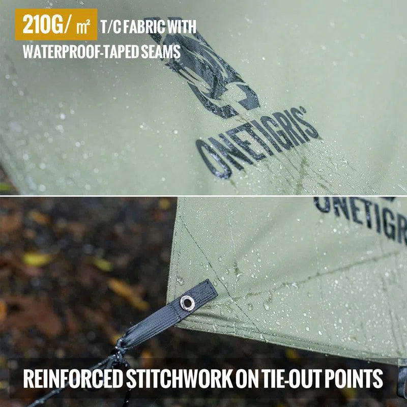 Close-up of a khaki Sunscreen And Rainproof Camping Barbecue Leisure Awning, ideal for outdoor shelter with waterproof-taped seams and droplets on the surface, featuring reinforced stitching at tie-out points. Text reads: 210G/m² T/C Fabric with Waterproof-Taped Seams and Reinforced Stitchwork on Tie-Out Points.