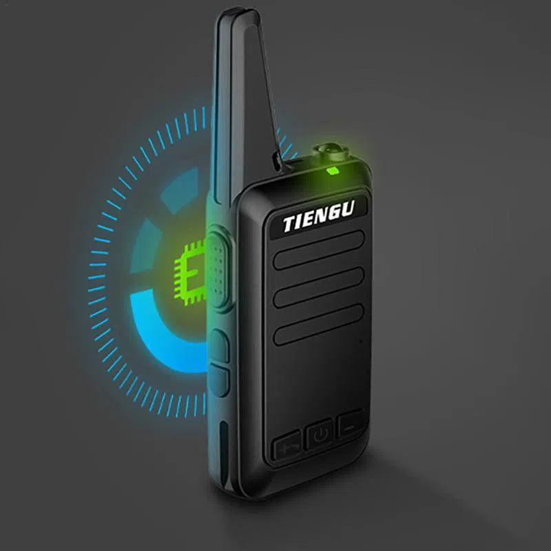 A sleek black TIENGU Professional Wireless Handheld Intercom Radio is displayed on a gray background, featuring a green LED indicator, an Android USB interface, and digital graphics resembling signal or radar waves from its back.