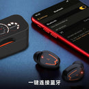A red-framed smartphone displays Bluetooth settings next to black TWS innovative simple wireless Bluetooth headset earbuds with orange accents, indicating easy pairing. A charging case is partially visible, and Chinese text highlights the high-quality sound of these earbuds.
