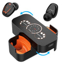 The TWS innovative simple wireless Bluetooth headset in black and orange offers high-quality sound with a compact charging case. One earbud, shown outside, highlights magnetic connectors. Circular LED indicators on the Bluetooth headset display battery life for a seamless audio experience on the go.