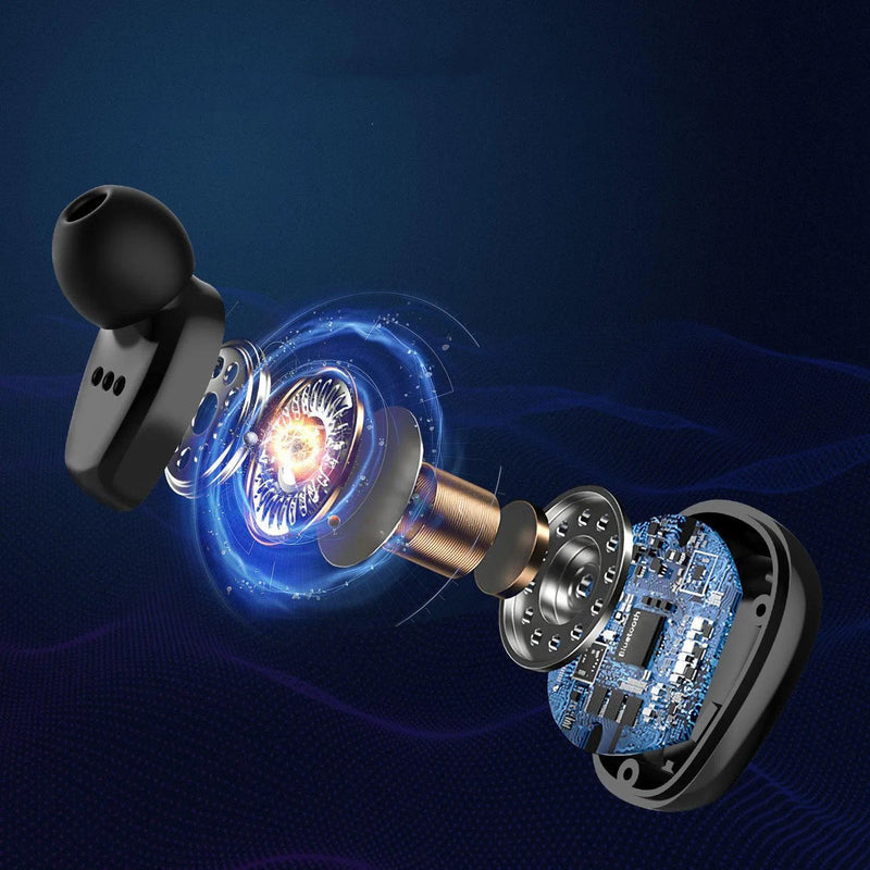 An exploded view of the TWS innovative simple wireless Bluetooth headset reveals internal components such as the speaker driver, coil, magnet, and circuit board against a dark, abstract pattern that emphasizes a technological theme and premium sound quality.